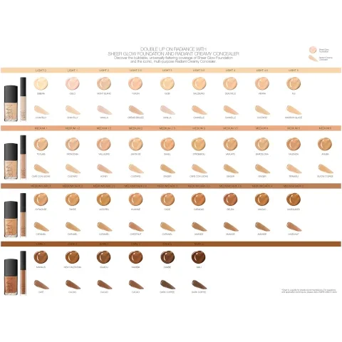 double up on radiance with sheer glow foundation ad radiant creamy concealer. discover the buildable, universally flattering coverage of sheer glow foundation and the iconic, multi purpose radiant creamy concealer
