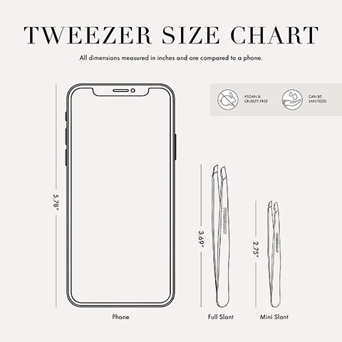 Image 1 - An illustration of a phone alongside a tweezers size chart, showing the dimensions of Full Slant at 3.6 inches and Mini Slant at 2.75 inches, with captions indicating the measurements and a note about the items being vegan and cruelty-free and can be sanitized.
Image 2 - Image shows a close-up of different types of tweezers with labels for each type, including slant tweezer, point tweezer, pointed slant, and splinter tweeze, along with descriptive text about their uses.