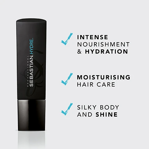 Image 2 - A black tube of hair care product is shown with visible text that reads: intense nourishment & hydration, moisturising hair care, and silky body and shine.
Image 4 - Instructional graphic showing three steps for using shampoo: 1. Massage the shampoo into wet hair, 2. Rinse thoroughly, 3. Repeat if necessary.
Image 5 - Image features three hair care products from Sebastian in professional packaging: a black bottle labeled HYDRE in blue text, a white bottle with a pump labeled HYDRE, and another white bottle; visible text includes Combine with HYDRE CONDITIONER & HYDRE TREATMENT FOR BEST RESULTS.