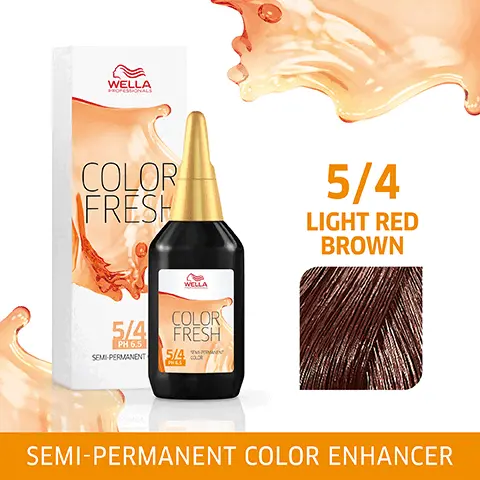 Image 1, WELLA PROFESSIONALS COLOR FRESH 5/4 PH 6.5 SEMI-PERMANENT WELLA COLOR FRESH 5/4 CX 5/4 LIGHT RED BROWN SEMI-PERMANENT COLOR ENHANCER Image 2, 5/4 LIGHT RED BROWN Image 3, HEALTHY-LOOKING SHINE& COLOR Image 4, quick and easy application Image 5, CONDITIONING COLOR ENHANCER Image 6, LASTS UP TO 10 SHAMPOOS Image 7, EXPERT TIP WELLA ENRICH CARE RANGE PROFESSIONALS WELLA ENRICH THICK PROFESSIONALS WELLA PORESSIONIALS ENRICH ミ WELLA PROFESSIONALS ENRICH