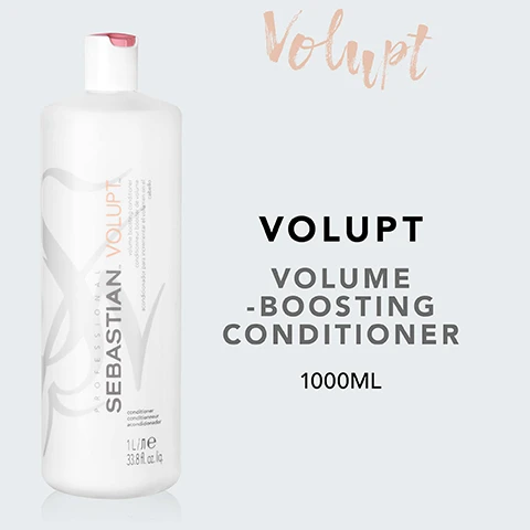 Image 2 - A white bottle of Sebastian Volupt Volume-Boosting Conditioner, labeled with Volupt at the top, followed by VOLUME-BOOSTING CONDITIONER and 1000ML at the bottom.
Image 3 - A white bottle of Sebastian Volupt conditioner with a pink cap, featuring text that reads Full support for fuller volume and Light & soft hair.
Image 5 - Image shows a gray background with four icons and instructions for use, stating HOW TO USE, REMOVE EXCESS WATER, DISTRIBUTE THROUGH THE HAIR, and RINSE THOROUGHLY.
Image 6 - A green bamboo plant is displayed against a black background, with the words NATURAL BAMBOO EXTRACT written above it.
Image 7 - Three hair products are displayed: a large white bottle labeled Sebastian Volupt Conditioner, a smaller black bottle labeled Sebastian Volupt Spray, and a black bottle labeled Sebastian Volupt Shampoo, with text that reads Combine with Volupt Shampoo & Volupt Spray for best results.