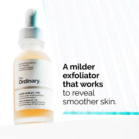 Image 1 - A dropper bottle of The Ordinary lactic acid exfoliator is shown with a translucent background, and the text reads A milder exfoliator that works to reveal smoother skin.
Image 2 - A bottle of The Ordinary skincare product with a dropper is positioned on a black and white tiled surface next to a glass of golden liquid, with visible text stating Offers milder exfoliation targeted at the surface of the skin. 5% lactic acid Tasmanian pepperberry.
Image 3 - A woman with long hair is applying skincare product to her face, smiling softly, with the text Apply daily in the evening. visible at the bottom.
Image 4 - A clear, viscous drop of water-based serum on a white background with visible bubbles, accompanied by the text Water-based serum texture.
Image 5 - Image showing three categories of skincare products: PREP is represented by creams and liquids labeled cleansers and toners, TREAT features various textures labeled as water-based serums, eye serums, anhydrous solutions, and oils, and SEAL includes suspensions, moisturizers, and SPF, with visible labels above each section.