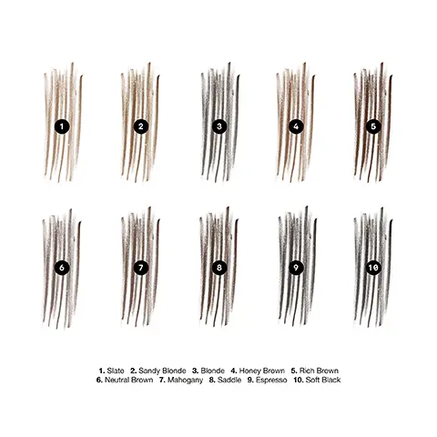 Image 1, shade swatches, 1= slate, 2 = sandy blonde, 3 = blonde, 4 = honey brown, 5 = rich brown, 6 = neutral brown, 7 = mahogany, 8 = saddle, 9 = espresso, 10 = soft black. Image 2, models showing the shades, 1= slate, 2 = sandy blonde, 3 = blonde, 4 = honey brown, 5 = rich brown, 6 = neutral brown, 7 = mahogany, 8 = saddle, 9 = espresso, 10 = soft black.