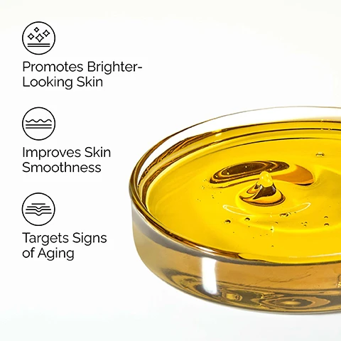 Image 1 - A clear glass dish containing golden yellow liquid with a droplet suspended above it creating ripples, next to three black icons with corresponding text: Promotes Brighter-Looking Skin, Improves Skin Smoothness, Targets Signs of Aging. Image 2 - Close-up of a persons face with a glistening liquid product on their cheek, next to three text bubbles that read Brightening, Age Support, and Antioxidant Support. Image 3 - The image displays two large yellow liquid drops on a white background with text explaining their properties, which reads: Key ingredients in Resveratrol 3% + Ferulic Acid 3%: Resveratrol A polyphenol antioxidant which helps support a brighter, more radiant appearance. Ferulic Acid A potent antioxidant that helps protect against environmental stressors. Image 4 - The image displays a skincare regimen titled A hydrating regimen with antioxidant support, showing three steps: Prep with The Ordinary Squalane Cleanser which cleanses skin and removes makeup; Treat with The Ordinary Hyaluronic Acid 2% + B5 which hydrates and plumps the skin, and The Ordinary Resveratrol 3% + Ferulic Acid 3% Highly-Concentrated Antioxidant Serum which protects skin from oxidative stress; and Seal with The Ordinary Natural Moisturizing Factors + HA which supports the skin barrier.