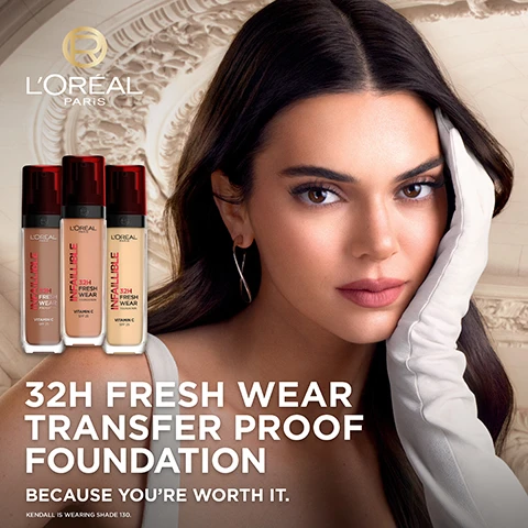 Image 1 - A woman with long hair poses with her hand on her face, wearing a white glove, next to three bottles of foundation labeled 32H Fresh Wear Transfer Proof Foundation; visible text includes BECAUSE YOURE WORTH IT.
Image 2 - A woman with curly hair holds a bottle of skincare product up to her face, wearing statement earrings and a white outfit, with the text INSTANTLY LUMINOUS SKIN SMOOTHER & BRIGHTER IN 4 WEEKS visible in bold above her.
Image 3 - A bottle of LOréal Infallible 32H Fresh Wear foundation is centered in front of a light beige background with a circular logo, accompanied by text that reads Perfect Coverage Fresh, Luminous Skin and includes bullet points stating No Weighdown No Transfer All Day Breathable All Day Fresh Look.
Image 4 - A woman applies a skincare product to her face, with visible text stating TESTED UNDER DERMATOLOGIST CONTROL, NON-COMEDOGENIC, SUITABLE FOR ALL SKIN TYPES, and SUITABLE FOR SENSITIVE SKIN.
Image 5 - Image shows two bottles of LOréal Infallible foundation side by side, one with a red cap labeled BEFORE and one with a black cap labeled NOW, with text stating SAME FORMULA, NEW & IMPROVED PACK and 100% recyclable twistable plump to ease recyclability.
Image 6 - Three different skin-toned arms hold bottles of LOréal Infallible foundation in front of a light background, showcasing swatches labeled with numbers for 29 luminous shades.
Image 7 - A collection of LOréal Infallible makeup products, including foundations and a setting mist, displayed on a gradient background with the text OUR INFALLIBLE RANGE.