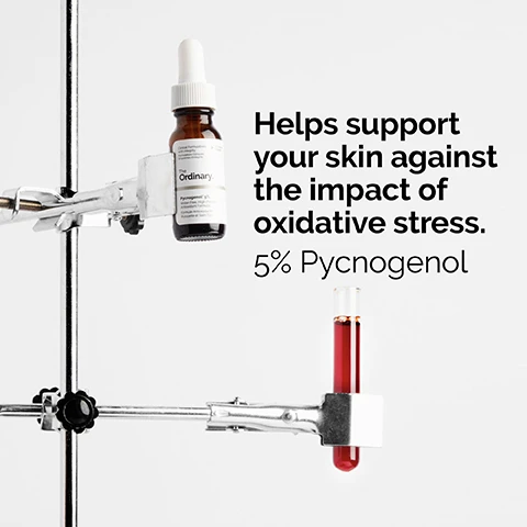 Image 1 - A brown dropper bottle labeled The Ordinary with a text description stating Helps support your skin against the impact of oxidative stress. 5% Pycnogenol next to a glass test tube containing a red liquid.
Image 2 - Image shows several droplets of a brown serum with the text Anhydrous serum texture and Apply daily in the evening. Use a small dot or a small amount for general use.
Image 3 - A brown glass bottle labeled The Ordinary with a dropper, leaning on a white surface with a red liquid pooling beneath it, accompanied by the text An antioxidant-rich plant extract that helps to brighten your skin.
Image 4 - Image shows a skincare routine guide divided into three steps titled 1. PREP, 2. TREAT, and 3. SEAL, with various gel-like and creamy textures labeled as cleansers, toners, water-based serums, eye serums, anhydrous solutions, oils, suspensions, moisturizers, and SPF.