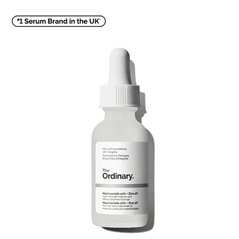 Image 1 - Image of a dropper bottle of The Ordinary brand skincare product labeled Niacinamide 10% + Zinc 1% with the text Clinical Formulations with Integrity and *#1 Serum Brand in the UK*.
Image 2 - A close-up of a clear liquid with bubbles, accompanied by icons and text that says reduces pore visibility and excess oil, improves signs of congestion, and instantly boosts skin radiance.
Image 3 - Image shows a comparison of skin before and after using a product, highlighting reduced pore visibility and excess oil, with the text Before above the top image and After above the bottom image, and a note at the bottom stating testing on 33 panellists using the product 2x/day.
Image 4 - A person applies a clear skincare product to their cheek, with labels nearby indicating Smoothing, Brightening, and Reduces Oil.
Image 5 - Image of a dropper filled with a clear serum, with bubbles around it, displaying text that lists key ingredients: Niacinamide 10% (Vitamin B3) supports skin renewal for more radiant, smoother skin, and Zinc 1% (PCA) balances excess sebum production.
Image 6 - An illustration titled SKIN BRIGHTENING HACK shows two dropper bottles for skincare products from The Ordinary, with their labels clearly marked as GLYCOLIC ACID 7% EXFOLIATING TONER and NIACINAMIDE 10% + ZINC 1%, along with a brief description of application instructions for each product.
Image 7 - Image shows three skincare products from The Ordinary arranged in a line: a tube of Squalane Cleanser labeled Prep that cleanses skin and removes makeup, a dropper bottle of Niacinamide 10% + Zinc 1% labeled Treat that reduces excess oil and pore visibility, and a tube of Natural Moisturizing Factors + HA labeled Seal that supports the skin barrier, with the heading Build Your Regimen.
Image 8 - An image showing two bottles of The Ordinary Niacinamide serum in different sizes, with the text Explore 2 Sizes, 30 mL Standard, Suitable for Travel, and 60 mL Bigger, Value Size.