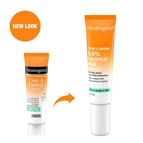 Image 1, New look Image 2, CLINICALLY PROVEN TO HELP REDUCE APPEARANCE OF SPOTS WITH 0.5% SALICYLIC ACID Neutrogena OLLAR & DEFING 0.5% SALICYLIC ACID SOS GEL Image 3, VISIBLE RESULTS IN 4 HOURS* *Clinical study, self-assessment, 32 subjects Image 4, "REALLY PLEASED I BOUGHT THIS, I CAN'T RATE IT HIGHLY ENOUGH!" Kate, Suffolk Image 5, lets make it clear