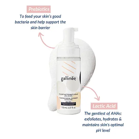 Prebiotics- to feed your skin's good bacteria and help support the skin barrier. Lactic Acid- The gentlest of AHAs, exfoliates, hydrates and maintains skin's optimal pH level. Before and After- It is a very gentle facial cleansing foam! It calms my redness and purifies my skin which can be sensitive, leaving it feeling smooth, soft and hydrated- Nikki.