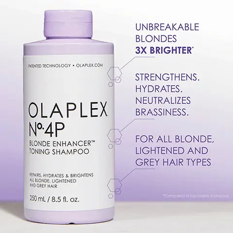 Image 1 unbreakable blondes 3 times brighter, strengthens, hydrates, neutralizes brassiness. For all blonde, lightened and grey hair types. Image 2-4, results after 1 use of No 4P blonde enhancer toning shampoo before and after. Image 5, hair cuticle before and after. Image 6, All Hair Types, PH Balanced, Vegan, Cruelty Free,, Gluten Free, Nut Free, Paraben Free, Phthalates Free, Phosphate Free, Sulfate Free.
