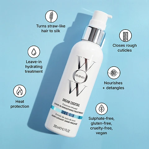 Image 1 - A white Color Wow Dream Cocktail Coconut-infused Leave-In Smoothing Treatment bottle with a silver pump is presented diagonally on a light blue background, surrounded by six circular icons each with text, all visible text reads: Color Wow, WOW, DREAM COCKTAIL, Coconut-infused, LEAVE-IN SMOOTHING TREATMENT, Enrichi de noix de coco, SOIN LISSANT SANS RINÇAGE, 200ml e 6.7 FL OZ, Turns straw-like hair to silk, Leave-in hydrating treatment, Heat protection, Closes rough cuticles, Nourishes + detangles, Sulphate-free, gluten-free, cruelty-free, vegan. Image 2 - Two dark grey Color Wow Dream Coat For Curly-Hair bottles, covered in water droplets, are stacked against a pink tiled background, with a list of benefits beside them including One-step curl styler, Bouncy, hydrated bundles, No weight, no crunch, Alcohol-free, Anti-frizz, Heat protection.