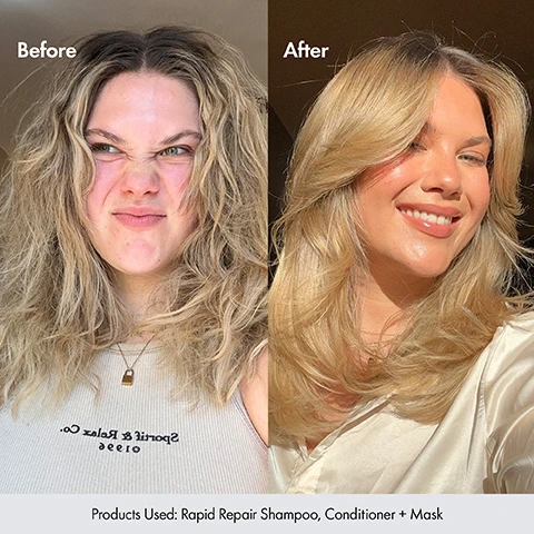 Image 1, before and after. products used: rapid repair shampoo, conditioner and mask. image 2, SOS for hair in distress. instantly nourish damaged hair and repair split ends. image 3, ingredients. polycare split therapy technology = repairs split ends. australian aloe vera = nourishes, hydrates and conditions the scalp. squalane = ultra hydrating for shine and fullness. blend of natural oils = condition and strengthen hair. pro-vitamin B5 = intense yet weightless hydration. image 3, formulated with australian native extracts. image 4, the bondi promise. australian born and bred. locally sourced ingredients. pro-performance. effortless.