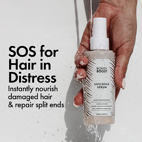 Image 1, SOS for hair in distress. instantly nourish damaged hair and repair split ends. image 2, ingredients. polycare split therapy technology = repairs split ends. australian aloe vera = nourishes, hydrates and conditions the scalp. squalane = ultra hydrating for shine and fullness. blend of natural oils = condition and strengthen hair. pro-vitamin B5 = intense yet weightless hydration. image 3, formulated with australian native extracts. image 4, the bondi promise. australian born and bred. locally sourced ingredients. pro-performance. effortless.