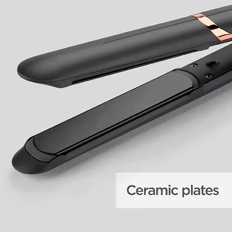 Image 1, ceramic plates. Image 2, ionic-frizz control. Image 3, 6 digital heat settings.