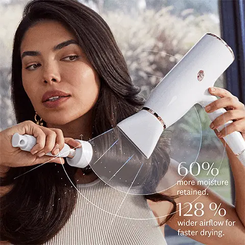 Image 1, 60% more moisture retained. 128% wider airflow for faster drying. Image 2, 4 different attachments to create a variety of looks that last. Image 3, Volumes, smooth, diffuse and stretch with comb model shots. Image 4, Powerful built-in ion generator infuses hair with 10 million negative ions per second for soft shiny results. Image 5, Superior engineering. inspired by you. 5 heat settings and 3 speed settings deliver 15 styling combinations for every hair type. Image 6, Advanced air. Fast, frizz-free results. Image 7, Lighweight and quiet design for a comfortable and pleasant drying experience. Image 8, Step 1: start with wet detangled hair. Rough dry hair to 80% with drying concentrator. Step 2: Attach the styling concentrator style hair in 3 sections. Step 3: Use a round brush to apply tension to each section and to smooth ends. Step 4: Presss the lock in cool shot button to set your style with cool air