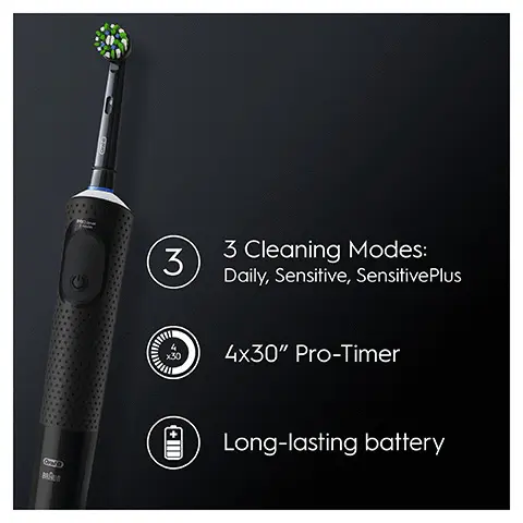Image 1, 3 cleaning modes: daily, sensitive and sensitive plus, 4x30 pro timer and a long-lasting battery. Image 2, Most used brand by dentists worldwide. Image 3, Close tap while brushing, unplug if not charging and recyclable carton packaging. Image 4, New = 100% cleaning efficacy, used = change now. Image 5, Up to 1005 more plaque removal.