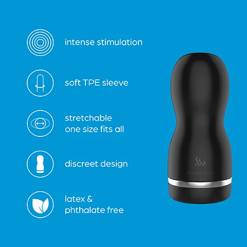 Image 1 - A black, ergonomic male masturbation sleeve is shown on a blue background, alongside labeled features including intense stimulation, soft TPE sleeve, stretchable one size fits all, discreet design, and latex & phthalate free.
Image 2 - An image of a black male masturbation device with a cutaway view showing the ultra-soft inner sleeve, accompanied by text that reads Intense stimulation Designed for all sizes, the ultra-soft inner sleeve adds a new dimension to solo play.