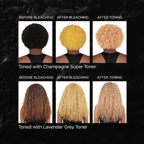 Image 1: before and after model shots before bleaching, after bleaching and after toning model shots. Image 2: How many kits do you need? 1 kit root growth and very short hair, 2/3 inch long. 2 kits shoulder length hair and short boys hair. 3 kits long afro hair, long European hair