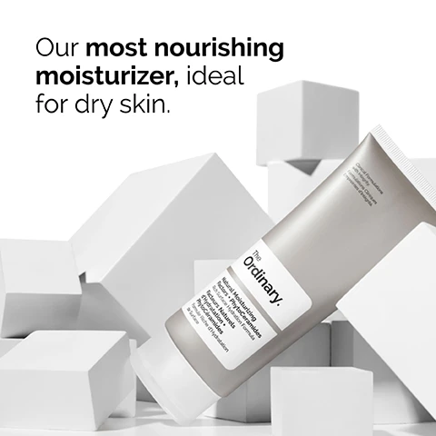 Image 1 - A tube of The Ordinary moisturizer is tilted against a white geometric backdrop, with the text stating our most nourishing moisturizer, ideal for dry skin.
Image 2 - A woman applying cream to her face with a gentle smile, alongside the text that says Apply a small amount to the face in the morning and evening.
Image 3 - Close-up of a smooth, white creamy texture with the text Rich cream texture.
Image 4 - A smooth, white cream swipe is displayed with accompanying text stating Boosts skin hydration by 68% and Independent efficacy study performed on 30 individuals over an 8 hour period.
Image 5 - Image shows three rows of skincare products with different textures: the top row labeled PREP includes creamy cleansers and toners, the middle row labeled TREAT features water-based serums, eye serums, anhydrous solutions, and oils, and the bottom row labeled SEAL displays suspensions, moisturizers, and SPF, with the word Moisturizers highlighted.