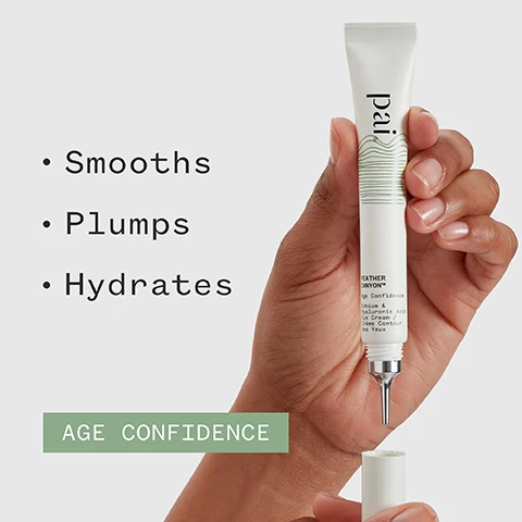 Image 1 - A hand holds a tube of eye cream labeled pai with the text highlights including Smooths, Plumps, and Hydrates, along with the phrase AGE CONFIDENCE on a green background.
Image 2 - A person with curly hair smiles while holding a tube of eye cream labeled Feather against their shoulder, with the text Gorgeous silky eye cream that absorbs quickly and has visible results. and ANITA B visible nearby, along with symbols for organic and vegan certifications.