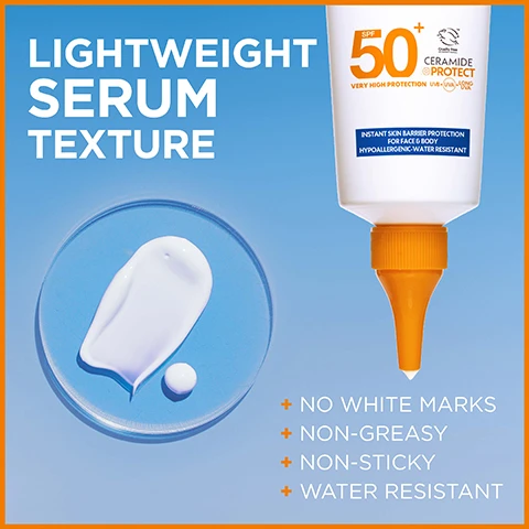 Image 1 - Image shows a small circular pool of a lightweight, creamy serum on a blue background next to a tube of sunscreen with text highlighting its features, including SPF 50, very high protection, and notes that it is non-greasy, non-sticky, and water resistant.
Image 2 - A person applying a tube of sunscreen labeled Sensitive advanced serum with SPF 50, shown against a blue background, with text highlighting targeted application on delicate and sensitive areas like hairline, ears, nose, shoulders, tattoos, scars, knees, and feet.
Image 3 - An image of a sunscreen bottle labeled Garnier Ambre Solaire Sensitive Advanced Serum with a white cap, held by a person wearing a white coat, featuring text highlighting it is dermatologically tested, hypoallergenic, non-comedogenic, fragrance-free, suitable for sensitive, sun-allergic, and reactive skin, and includes logos for cruelty-free and vegan certifications.
Image 4 - A sunscreen bottle with an orange twist applicator cap, featuring text that reads ON/OFF TWIST APPLICATOR NO PLASTIC LID, with additional instructions stating APPLY BEFORE SUN EXPOSURE, RE-APPLY FREQUENTLY, and FOR FACE & BODY.
Image 5 - An image featuring a blue honeycomb pattern with the text POWERED BY CERAMIDE PROTECT at the top, and below that, VERY HIGH PROTECTION UVB + UVA alongside + SKIN BARRIER PROTECTION.
Image 6 - A woman and a child are shown smiling at each other, indicating a nurturing moment, alongside a tube of Garnier Ambre Solaire Sensitive Advanced Serum with the text Advanced Protection, Instant Skin Barrier Protection, and 50.
Image 7 - Three sunscreen products are displayed on a light background: a bottle of Sensitive Advanced Spray with a green cap and the text Sensitive Advanced Spray with Ceramide Protect, a white tube of Invisible Serum Super UV with the text Invisible Serum Super UV Daily Face Protection, and a small white bottle of Sensitive Advanced Body Serum with the text Sensitive Advanced Body Serum Overexposed Areas.
Image 8 - An infographic for Garnier Ambre Solaire highlighting a strict formulation charter, featuring icons and text that indicate key features: very high protection (50+), protection against UVB, UVA, and long UVA, quick-dry formula, transparent finish on skin, hypoallergenic, no fragrance, non-sticky and non-greasy, water-resistant, and tested under dermatological control, along with a Cruelty Free International logo.