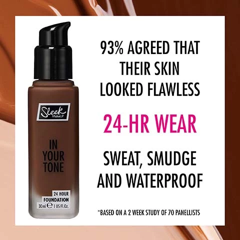 Image 1, 93% agreed that their skin looked flawless, 24 hour wear. sweat, smudge and waterproof. *based on a 2 week study of 70 panellists. Image 2, no filter just foundation. Image 3, swatches on 4 different skin tones. Image 4, no filter just foundation