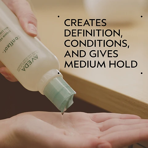 Image 1 - A hand pours a clear liquid from a light-colored Aveda Confifor- Liquid Gel bottle into another palm, with visible text on the bottle that reads AVEDA THE ART AND SCIENCE OF PURE FLOWER AND PLANT ESSENCES, and larger text to the right that reads CREATES DEFINITION, CONDITIONS, AND GIVES MEDIUM HOLD. Image 2 - A dark green square image features a circular inset with golden wheat stalks against a dark background, and reads WHEAT PROTEIN FOR MEDIUM HOLD. Image 3 - A before and after comparison shows a woman with blonde hair, on the left her unwashed hair is dull and flat, labeled BEFORE and Unwashed Hair, and on the right her clean, voluminous, and shiny hair is labeled AFTER, with further text detailing the styling process: Results with Rosemary Mint Purifying Shampoo and Weightless Conditioner, Confixor Liquid Gel, Witch Hazel Light Hold Hair Spray, and Light Elements™ Defining Whip. Paddle Brush. Blow dried with round brush. Image 4 - A wavy swirl of translucent, golden viscous liquid with small bubbles on a white background. Image 5 - An image with a dark green background displays a three-step hair care routine with circular photos showing a hand dispensing shampoo, a hand applying conditioner to wet hair, and a hand holding a hair spray bottle, with the text How To Use 01 Cleanse Rosemary Mint Purifying Shampoo 02 Condition Rosemary Mint Weightless Conditioner 03 Style Confixor Liquid Gel, Witch Hazel Light Hold Hair Spray, and Light Elements™ Defining Whip. Image 6 - Three white certification logos are displayed against a dark green leafy background: a circular logo with a V surrounded by 100% VEGAN text, the Certified B Corporation logo with a B in a circle, and the Cruelty Free International leaping bunny logo with stars and the text Cruelty Free International.