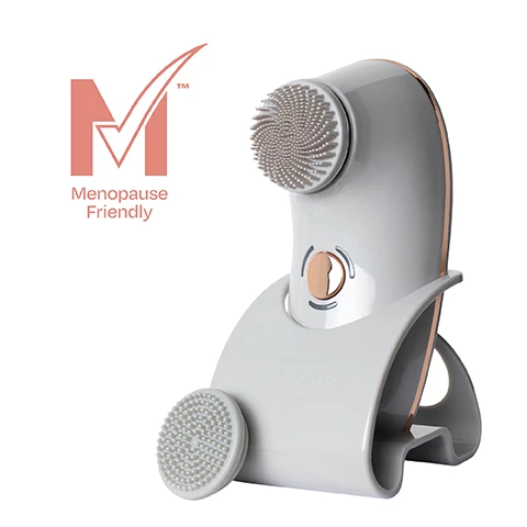 Image 1, menopause friendly. Image 2, 3 vibra sonic cleanse and massage modes. gentle cleanse, deep cleanse and pulse lift massage. Image 3, vibra sonic technology is clinically proven to help skin appear firmer and tighter, cleaner and smoother, brighter and more radiant. what is vibra sonic technology? a unique combination of sonic oscillations and pulsed vibrations. sonic oscillations, pulsed vibrations. Image 4, silisoft silicone cleansing head, suitable for all skin types, he super soft silicone bristles and unique sweep swirl design give a deep yet gentle cleanse. tone it up massage head, the short, firm nodules helps to push the products into the skin, while boosting micro circulation. Image 5, cheeks and chin, 20 seconds. t-zone, 20 seconds. neck and decolletage 20 seconds. Image 6, interchargeable heads, use with any cleanser, 60 second zonal timer, 100% waterproof, suitable for all skin types, 3 vibra sonic cleanse and massage modes - gentle cleanse, deep cleanse and pulse lift massage. USB rechargeable. Image 7, interchangeable heads, 60 second zonal timer, suitable for all skin types, use with any cleanser, 100% waterproof, usb rechargeable, power travel lock, includes bathroom caddy.