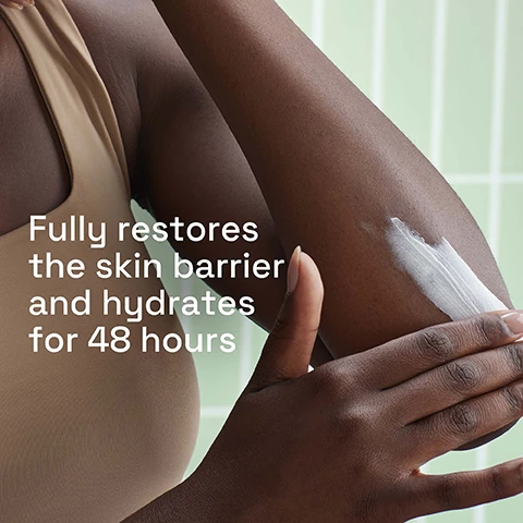 Image 1 - A person applies a cream to their elbow, showcasing smooth skin, with the text Fully restores the skin barrier and hydrates for 48 hours visible in white font.
Image 2 - A smiling woman is applying a cream to her shoulder while looking at the camera, with visible text that reads Face & body moisturiser for dry to very dry sensitive skin.
Image 3 - A creamy white substance is shown on a light green background, with hexagons and text highlighting the benefits of Niacinamide (to Restore), Panthenol Pro-Vitamin B5 (to Soothe), and Sweet Almond Oil (to Hydrate).
Image 4 - Logo for Cetaphil showing the brand name in white on a blue background, with the text LEADING DERMATOLOGIST RECOMMENDED - SENSITIVE SKIN BRAND in white below it.
