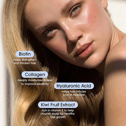 Image 1 - A close-up portrait of a young woman with long, straight hair, displaying visible text that lists benefits of various ingredients: Biotin helps strengthen and thicken hair, Collagen deeply moisturizes tresses to improve elasticity, Hyaluronic Acid helps hair follicles lock in moisture, Kiwi Fruit Extract rich in vitamin E to help nourish scalp for healthy hair growth.
Image 2 - Image shows a light cream serum in a swipe across a pale blue background with text that reads Biotin & Collagen Strengthening, Smoothing, & Styling Hair Serum, followed by an ingredient list and their functions: Hyaluronic Acid - Hydrates, Coconut Oil - Softens, Biotin & Collagen - Protects & Strengthens.