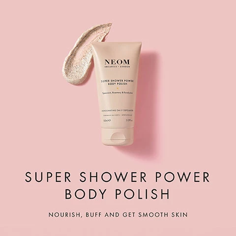 Image 1, super shower power body polish, nourish buff and get smooth skin. Image 2, 93% said skin felt smoother. independent blend study over 2 weeks on 61 people. Image 3, soft skin and made me feel full of energy. testimony from independentblind study over 2 weeks on 41 people. Image 4, skin buffing ingredients, upcycled coffee grounds and almond shells. moisturising organic oat milk. Image 5, spearmint, rosemary, eucalyptus.