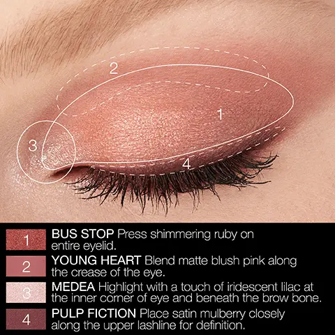 Image 1, 1 BUS STOP Press shimmering ruby on entire eyelid. 2 YOUNG HEART Blend matte blush pink along the crease of the eye. 3 MEDEA Highlight with a touch of iridescent lilac at the inner corner of eye and beneath the brow bone. 4 PULP FICTION Place satin mulberry closely along the upper lashline for definition. Image 2, 1 AFTER DARK Apply metallic purple umber across entire eyelid.
2 MOONLIGHT Deepen the crease by blending matte raspberry. 3 LET LOOSE Pop peach champagne shimmer at inner corner of the eye and beneath brow bone. 4 VELVET ROPE Blend into the outer corner with matte plum brown to deepen the look. Image 3, 1 PULP FICTION Apply satin mulberry across entire eyelid. 2 MOONLIGHT Blend matte raspberry into the crease for depth. 3 STARLET Highlight the inner corner of eye with sparkling bronze gold. 4 VELVET ROPE Deepen the outer corner with matte plum brown.