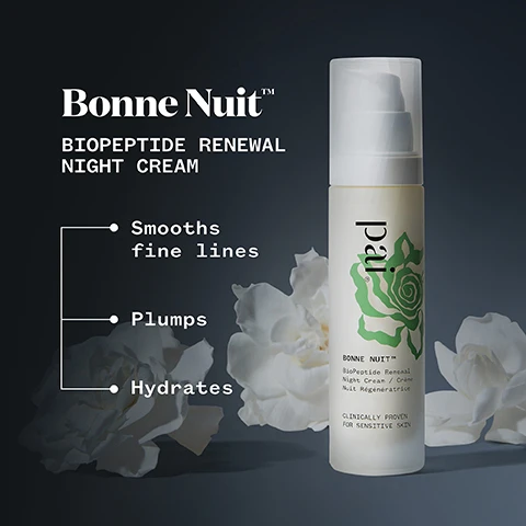 Image 1 - A bottle of Bonne Nuit Biopetide Renewal Night Cream is displayed against a dark background with white flowers, featuring bullet points that say Smooths fine lines, Plumps, and Hydrates, along with the text Clinically proven for sensitive skin.
Image 2 - Image shows a graphic titled YOUR REJUVENATING PM ROUTINE with four product sections labeled Cleanse, Treat, Moisturise, and Nourish, featuring images and names of skincare products: Middlemist Seven Cream Cleanser, Feather Canyon Eye Cream, Bonne Nuit™ Night Cream, and Vipers Gloss Overnight Oil.