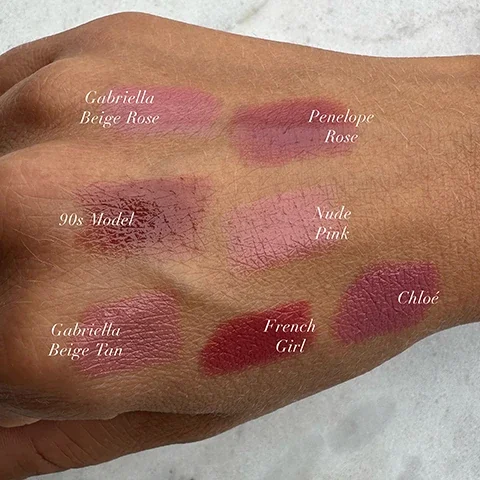 swatches of gabriella beige rose, penelope rose, 90s model, nude pink, gabriella beige tan, french girl, chloe.