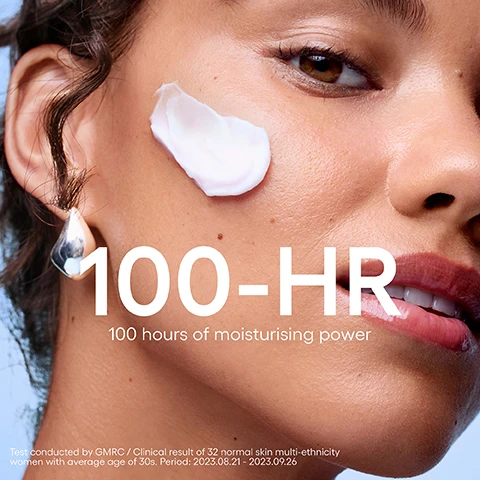 Image 1 - A close-up of a womans face with a dollop of white cream on her cheek, displaying the text 100-HR, 100 hours of moisturising power, and Test conducted by GMRC / Clinical result of 32 normal skin multi-ethnicity women with average age of 30s. Period: 2023.08.21 - 2023.09.26. Image 2 - A light blue jar of Laneige Water Bank Blue Hyaluronic Cream Moisturizer is displayed along with its reflection in a clear bubble, accompanied by text: #Moisture Barrier Fortifying Cream, +79% Boosts Skin’s Visible Bounce, 96% Agreed skin felt stronger/more resilient, Test conducted by GMRC / Clinical Result & Consumer Survey of 32 normal skin multi-ethnicity women with average age of 30s. Period: 2023.08.21 - 2023.09.26. Image 3 - An infographic image with a light blue jar of Laneige Water Bank Blue Hyaluronic Cream Moisturizer and text that reads: 3 SKIN BARRIER INGREDIENTS to change the density; Ceramide / Cholesterol / Fatty acids, Helps to make a densely structures skin barrier with ingredients similar to skin lipids; Pepta-panthenol Complex, Helps to fortify skin barrier; Blue Hyaluronic Acid, Powerful hydration; LANEIGE WATER BANK BLUE HYALURONIC Cream Moisturizer. Image 4 - A smiling woman with blonde hair, wearing a blue top, holds a light blue jar of cream and points to her neck, against a blue curtain background, with text reading Water Bank Is The Answer, Your Barrier-Boosting Choice For Hydrated Skin, and Laneige Water Bank Blue Hyaluronic Cream Moisturizer. Image 5 - Three jars of Laneige Water Bank Blue Hyaluronic moisturizers, varying from light to dark blue, are displayed alongside their descriptions: GEL MOISTURIZER Balancing barrier Oily skin & oily skin lacking moisture Soothing, skin moisture & oil balancing Cooling gel formula LANEIGE WATER BANK BLUE HYALURONIC Gel Moisturizer; CREAM MOISTURIZER Fortifying Barrier Dry skin & dull skin that lost its elasticity and vitality due to dryness Skin firmness and healthy glow Soft cream formula LANEIGE WATER BANK BLUE HYALURONIC Cream Moisturizer; INTENSIVE MOISTURIZER Protecting Moisture Barrier Very dry & skin with redness* and itchiness** Prevents visible skin redness and itchiness Balm-to-cream formula LANEIGE WATER BANK BLUE HYALURONIC Intensive Moisturizer. *Prevents temporary redness induced by external irritation. **Limited to itchiness induced by skin dryness.