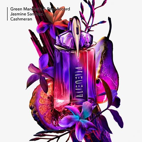 image 1, green mandarin and pear accord, jasmine sambac and casheran. image 2, alien hypersense the new refillable eau de parfum