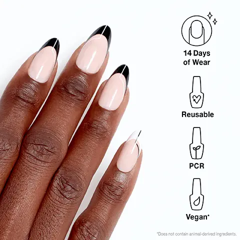 14 Days of Wear. Reusable. PCR. Vegan. Does not contain animal derived ingredients. GET PRESSED UP 1. FIT Find your perfect size. 2. SHAPE Option to do hue with custom tips. 3. PREP Buff, file, and wipe. 4. xPRESS Glue, press, and hold to dry.