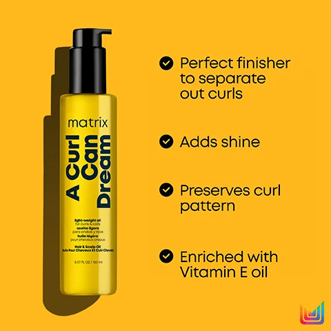 image 1, perfect finisher to separate, adds shine, preserves curl pattern, enriched with vitamin e oil. image 2, before and after. image 3, a curl can dream. pattern preserving haircare system for curls and coils. cleanse with shampoo. nourish with mask. moisturise with cream. define with gel. finish with oil. using a system of shampoo or co-wash, mask, cream, gel and oil.