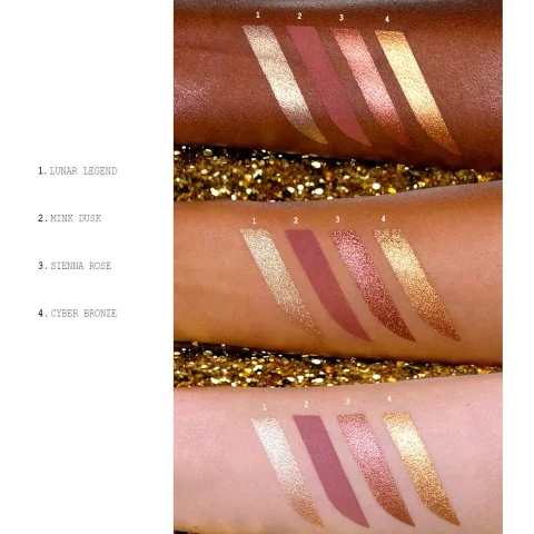 swatches of lunar legend, mink dusk, sienna rose and cyber bronze on three different skin tones