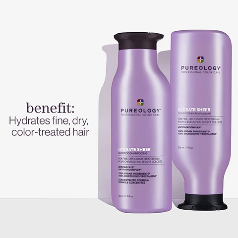 Image 1 - Two bottles of Pureology products, one labeled Hydrate Sheer Shampoo and the other Hydrate Sheer Conditioner, with the text benefit: Hydrates fine, dry, color-treated hair.
Image 2 - Image shows two overlapping panels featuring natural elements; the top panel displays eucalyptus leaves and buds with the text eucalyptus leaf extract, while the bottom panel shows wheat stalks with the text wheat proteins alongside the words hydrate sheer and formulated with.
Image 3 - Image shows product benefits with icons including: vegan formulas with text indicating sulfate-free for a gentle cleanse, recycled bottles made from post-consumer recycled materials, and up to 80+ washes in one bottle stating that all formulas are highly concentrated meaning less water needed.
Image 4 - A collage featuring images of lavender, bergamot, and patchouli with the text hydrate sheer shampoo and a subtitle stating A CITRUS SUMMER BREEZE WITH NOTES OF lavender bergamot patchouli.
Image 5 - Image depicts a product advertisement for hydrate sheer conditioner featuring three images of mint leaves, moss, and a pink rose, with text stating hydrate sheer conditioner and AFTER THE RAIN WITH NOTES OF moss rose mint.