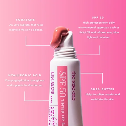 Image 4 - A close-up of a tube of tinted lip balm with SPF 50, featuring text labels for key ingredients: Squalane, Hyaluronic Acid, and Shea Butter, each with a brief description of their benefits.