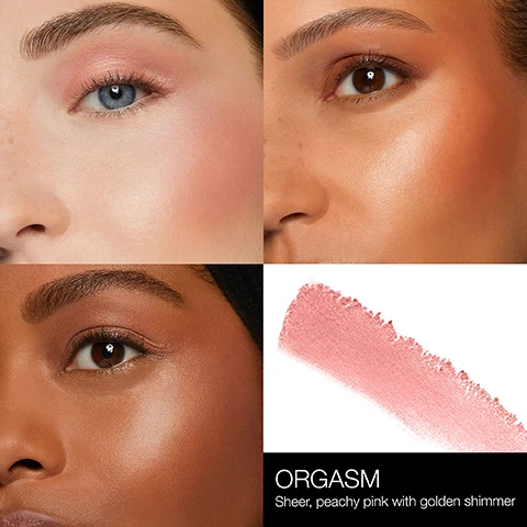 Image 1 - Image shows four sections: two close-up photos of individuals with different skin tones and makeup looks featuring a peachy pink blush, along with a swatch of the blush beneath, with the text ORGASM and a description stating Sheer, peachy pink with golden shimmer.
Image 2 - A collage of four images featuring close-up shots of diverse models with makeup, showcasing the eyes and skin, along with a swatch of a light, shimmery apricot color; visible text includes SOUTH BEACH and Light, shimmering apricot.
Image 3 - Three arms with swatches of makeup shades labeled ORGASM and SOUTH BEACH on the left side, showing different skin tones: the left arm is light, the middle is medium, and the right is deep.
Image 4 - A woman with light skin and blonde hair is holding a makeup stick, showcasing a peachy pink color with golden shimmer, and the words ORGASM and Sheer, peachy pink with golden shimmer are displayed below.
Image 5 - A close-up of a woman with curly hair holding a makeup stick against her cheek, with visible text that reads SOUTH BEACH Light, shimmering apricot.