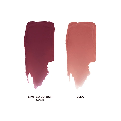 image 1, swatches of limited edition lucie and ella. image 2, swatches of limited edition lucie and ella on three different skin tones. image 3, petal soft lip crayon in ella on three different skin tones.