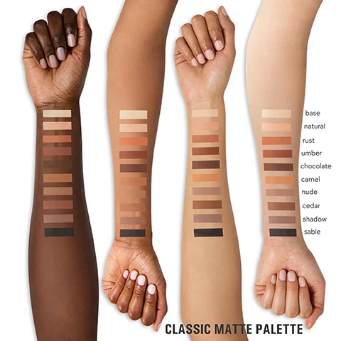 Image 1 - Three arms displaying swatches of a diverse range of nude shades for a matte palette, with labels for each color including base, natural, rust, umber, chocolate, camel, nude, cedar, shadow, and sable at the right side.