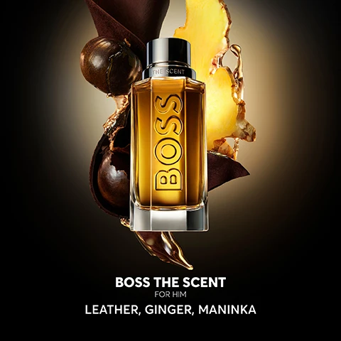 Image 2 - A bottle of Boss The Scent for Him fragrance is set against a dark background with elements of leather, ginger, and maninka surrounding it, featuring visible text that reads BOSS THE SCENT FOR HIM LEATHER, GINGER, MANINKA.
Image 3 - A fragrance bottle labeled BOSS THE SCENT is displayed on a reflective surface, highlighting the new bottle design on the left and the old bottle design on the right.
Image 4 - A glass bottle of Boss mens fragrance with an amber liquid is illuminated against a dark background, accompanied by the text BOSS and a short review stating that it is a stunning, masculine scent that lasts all day, with a five-star rating.
Image 5 - Image of four BOSS fragrance bottles displayed on a circular surface against a dark background, with the text BOSS THE SCENT above and descriptions of each fragrance type, including Eau de Toilette, Magnetic Eau de Parfum, Parfum, and Elixir, along with their scent moods, families, notes, and intensity levels below.
Image 6 - A man and a woman pose confidently in stylish black outfits, with two bottles of BOSS The Scent fragrance prominently displayed beside them, featuring the text BOSS THE SCENT and THE NEW REFILLABLE FRAGRANCES.
Image 8 - A close-up image of a brown glass perfume bottle with a black cap, placed on a pedestal, featuring the text BOSS THE SCENT above it and information on the environmental benefits of refilling the bottle, including percentages for greenhouse gas emissions, fossil resource use, and land use.
