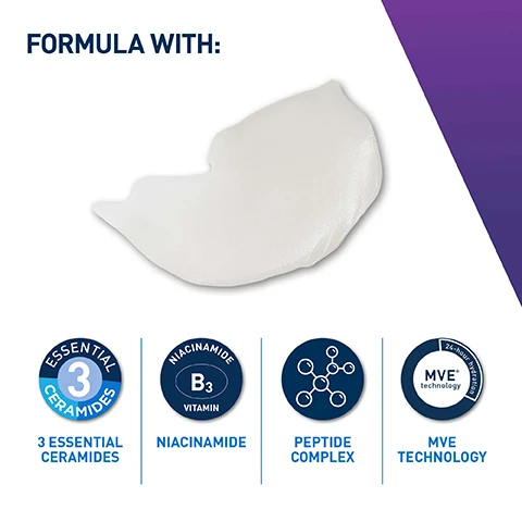 Image 1 - A glossy white cream or lotion is shown on a surface, accompanied by icons that highlight the ingredients: 3 Essential Ceramides, Niacinamide B3, Peptide Complex, and MVE technology for 24-hour hydration.
Image 2 - A hand holds a tube of CeraVe Skin Renewing Eye Cream against a purple background, with text promoting its lightweight formula for morning and evening use, its targeting of first signs of aging, the promise of a plump and youthful-looking eye area, up to 24-hour hydration, and suitability for all skin types, including sensitive skin and eyes.
Image 3 - Image of four skincare products from CeraVe, including a Hydrating Cleanser bottle, two tubes labeled Skin Renewing Vitamin C Serum and Skin Renewing Eye Cream, and a Facial Moisturising Lotion, with the text BRIGHTENING MORNING ROUTINE displayed at the bottom.
Image 4 - A circular badge featuring a blue checkmark in the center with the text BRAND RECOMMENDED BY DERMATOLOGISTS around the top and bottom.