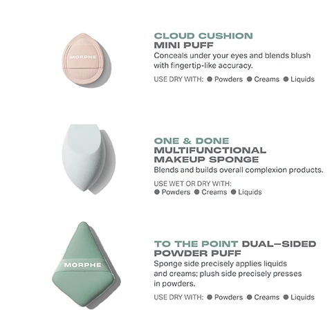 Image 3 - Image shows three makeup sponges with product descriptions: the top sponge is a light pink Cloud Cushion Mini Puff that conceals under the eyes, the middle sponge is a pale blue One & Done Multifunctional Makeup Sponge that blends complexion products, and the bottom sponge is a green To The Point Dual-Sided Powder Puff designed for applying liquids and powders.
Image 4 - A close-up of a makeup brush with soft, thick bristles in a light-colored handle, accompanied by text on the right that reads: BEST-IN-BRUSH BENEFITS Bristles infused with silver ion technology, known to have antibacterial benefits. Engineered to hold up to your daily routine. Designed with pro-perfected brush heads.
Image 6 - Image depicting a list of cleaning instructions for brushes with the title HOW TO TAKE CARE OF YOUR BRUSHES followed by five numbered steps: 1. Wet bristles with warm water and a gentle cleanser. 2. Swirl bristles on the palm of your hand. 3. Rinse and repeat until water appears clear. 4. Gently squeeze out any excess moisture. 5. Reshape the bristles, then place each brush flat or upside down to air-dry. At the bottom, a caution note advises against using hot water or submerging brushes in water or cleaner.