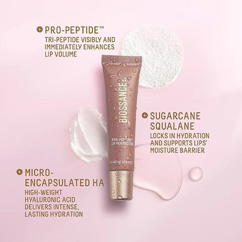 Image 3-biossance-en_US - A close-up of a pinkish-brown Biossance Pro-Peptide Lip Perfector tube with water droplets, surrounded by swatches of white powder, white cream, and a pink liquid, with text describing key ingredients: PRO-PEPTIDE, TRI-PEPTIDE VISIBLY AND IMMEDIATELY ENHANCES LIP VOLUME; SUGARCANE SQUALANE, LOCKS IN HYDRATION AND SUPPORTS LIPS MOISTURE BARRIER; MICRO-ENCAPSULATED HA, HIGH-WEIGHT HYALURONIC ACID DELIVERS INTENSE, LASTING HYDRATION; and on the tube, BIOSSANCE PRO-PEPTIDE LIP PERFECTOR 15G/NET WT. 0.53 US OZ. Image 4-biossance-en_US - A close-up of a glossy, textured, reddish-brown cosmetic product swatch with subtle shimmer particles, overlaid with three light-colored text bubbles stating 24-HOUR CLINICAL HYDRATION, VISIBLY PLUMPS + DEFINES, and GLOSSY, BUTTERY FINISH. Image 6-biossance-en_US - Four Biossance Pro-Peptide Lip Perfector tubes in purple, nude, white, and pink, covered in water droplets with product swatches next to them, are shown against a light pink background, along with a red Allure Best of Beauty Award Winner 2025 seal reading BEST OF BEAUTY allure THE BEAUTY EXPERT AWARD WINNER 2025, and each tube has visible text: BIOSSANCE PRO-PEPTIDE LIP PERFECTOR 15G/NET WT. 0.53 US OZ.