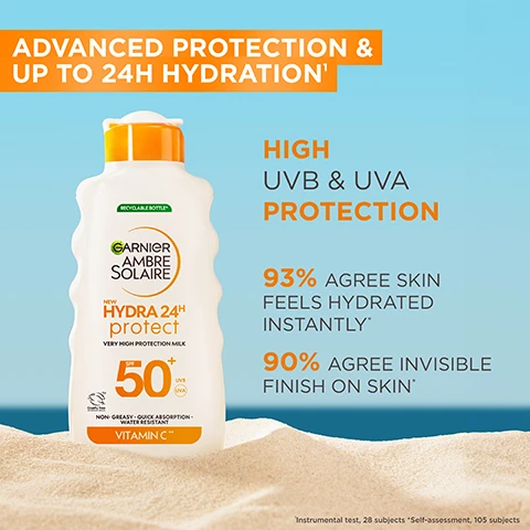 Image 1 - A bottle of Garnier Ambre Solaire sunscreen with a white and orange design sits on a sandy beach background, featuring the text ADVANCED PROTECTION & UP TO 24H HYDRATION, HIGH UVB & UVA PROTECTION, 93% AGREE SKIN FEELS HYDRATED INSTANTLY, and 90% AGREE INVISIBLE FINISH ON SKIN.
Image 2 - Image shows a smooth white cream background with a shiny orange bead representing Vitamin C in the center, surrounded by labels for key ingredients, including Glycerin and Shea Butter, along with the text KEY INGREDIENTS NOW INFUSED WITH VITAMIN C.
Image 3 - A close-up view of a smooth, creamy texture with wavy lines and a light beige color, featuring visible text that reads lightweight, summer-proof texture, absorbs quickly, non-greasy & non-sticky, invisible finish, no white cast, sweat, sand & very water-resistant.
Image 4 - An image shows a person applying sunscreen from a bottle, with text outlining the steps on how to use the product: HOW TO USE, STEP 1. APPLY PRODUCT ONTO SKIN BEFORE SUN EXPOSURE, STEP 2. RE-APPLY FREQUENTLY AND GENEROUSLY TO MAINTAIN PROTECTION.
Image 5 - A bottle of Garnier Ambre Solaire Hydra 24+ Protect sunscreen with a coconut half beside it, displaying the products sun protection factor of 50 and text outlining fragrance notes: top notes of apricot, ylang-ylang, and bergamot; heart notes of jasmine, frangipani, water lily, and tiaré; base notes of coconut milk, sandalwood, and vanilla.
Image 6 - A smiling woman with long hair is standing by the ocean, wearing a sleeveless white top and large orange hoop earrings, with text that says FORMULATED FOR ALL SKIN TYPES.
Image 7 - A variety of sun protection products are displayed beside a swimming pool, featuring items labeled with SPF numbers 20, 30, and 50, along with the text DISCOVER HYDRA PROTECT RANGE and HYDRATE & HELP PROTECT AGAINST SUN-INDUCED AGEING.