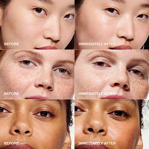 Image 1 - A collage of three pairs of close-up portraits showing individuals with visible skin differences, labeled BEFORE on the left and IMMEDIATELY AFTER on the right for each pair.
Image 2 - Image shows three petri dishes containing different substances: one with orange powder labeled 5% lactic acid that helps exfoliate dead skin cells, one clear dish with a gel labeled Vitamin C that helps brighten the look of skin, and another clear dish with a viscous substance labeled Hyaluronic acid that helps plump with hydration.
Image 3 - Image depicts a bottle of Clinique Moisture Surge active glow serum with a dropper, surrounded by three droplet applicators, alongside a list detailing clinical expertise and ingredients it is free of, including fragrance and oil. Visible text includes Formula facts, Dermatologist tested, Safe for sensitive skin, Allergy tested, Fragrance free, and the list of ingredients.
Image 4 - A close-up of a pink serum bottle with a dropper releasing a glossy liquid, featuring the text 100% show an instant boost in radiance and visible product details including the brand name Clinique and the product name moisture surge, along with active glow serum and sérum actif illuminateur.
Image 5 - Image shows three Clinique Moisture Surge skincare products including a serum, an SPF moisturiser, and an anytime moisturiser, with text outlining the routine: 1. Serum for an instant and continuous glow, 2. SPF moisturiser for hydration and UV protection, 3. Anytime moisturiser for lightweight hydration 24/7.